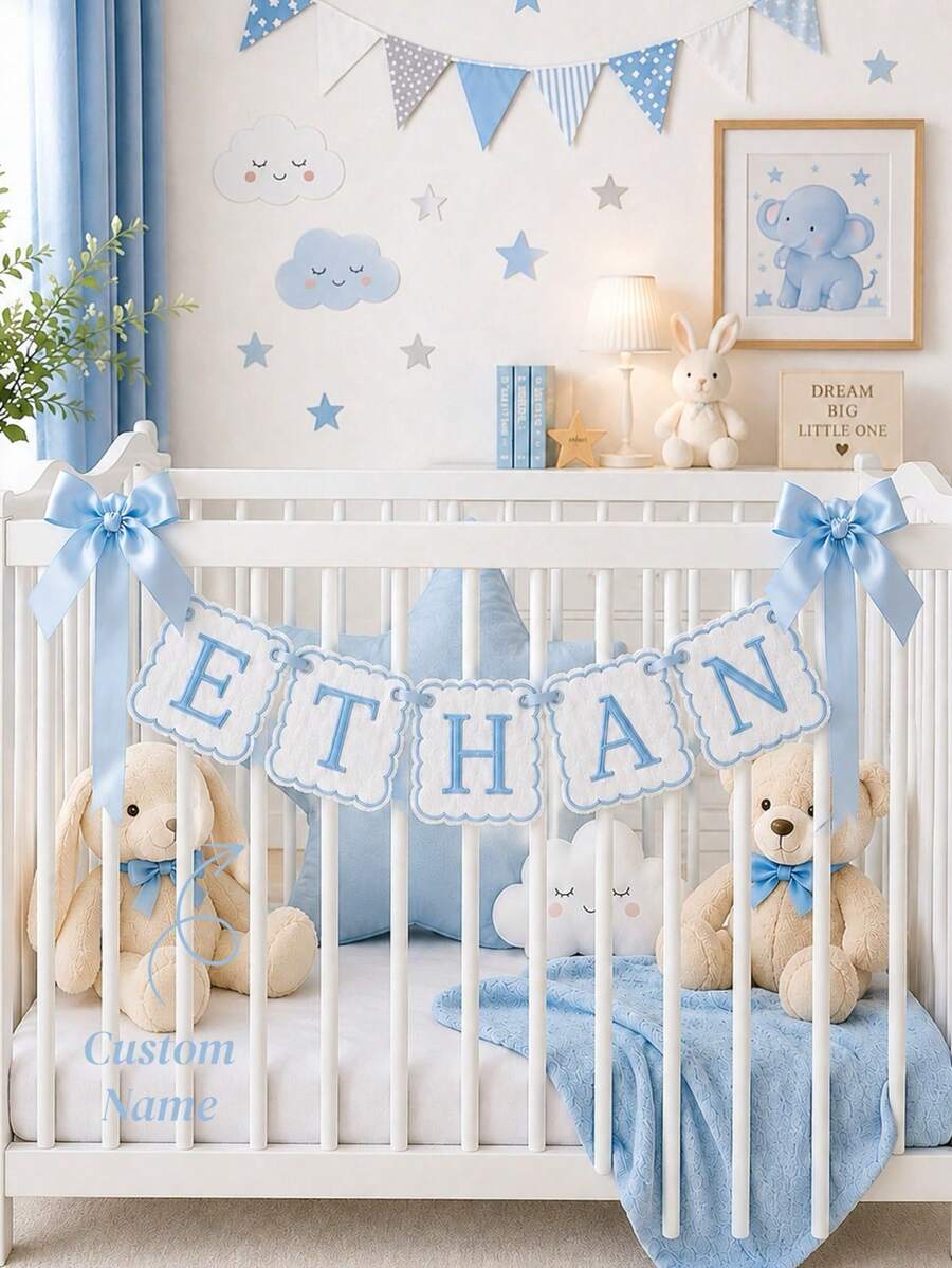 Personalized Embroidered Baby Name Banner – Custom Nursery Crib Decor & Newborn Gift