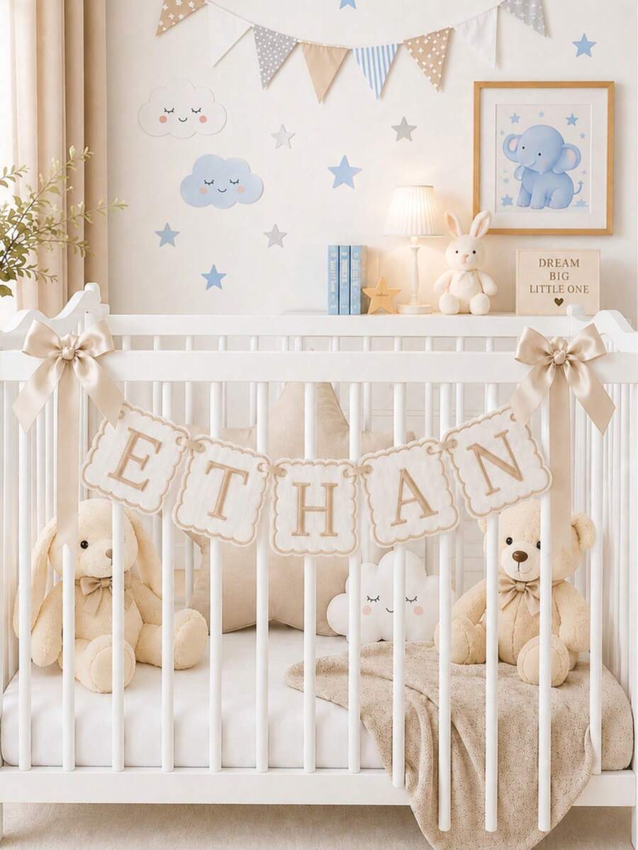 Personalized Embroidered Baby Name Banner – Custom Nursery Crib Decor & Newborn Gift