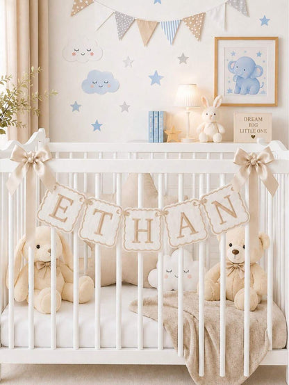 Personalized Embroidered Baby Name Banner – Custom Nursery Crib Decor & Newborn Gift