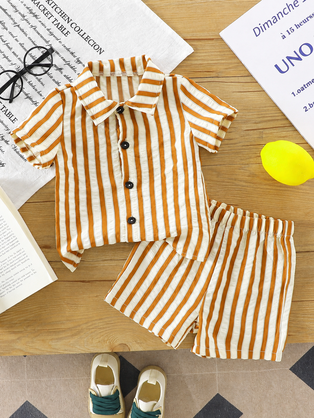 2pcs/Set Baby Boy Casual Striped Polo Collar Top & Shorts Summer Clothes