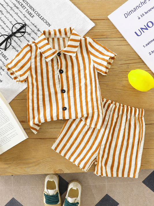2pcs/Set Baby Boy Casual Striped Polo Collar Top & Shorts Summer Clothes