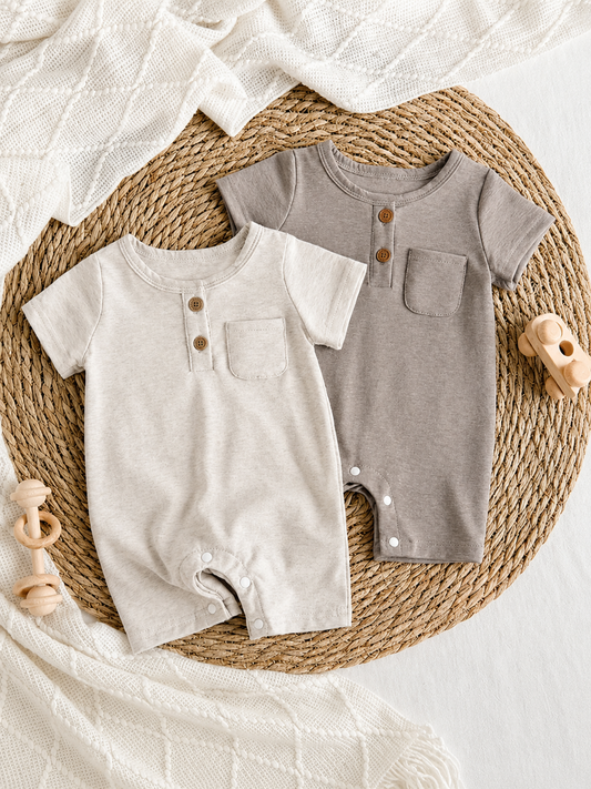 Unisex Baby 2pcs Solid Color Romper Set - Neutral Shortall for Boys and Girls