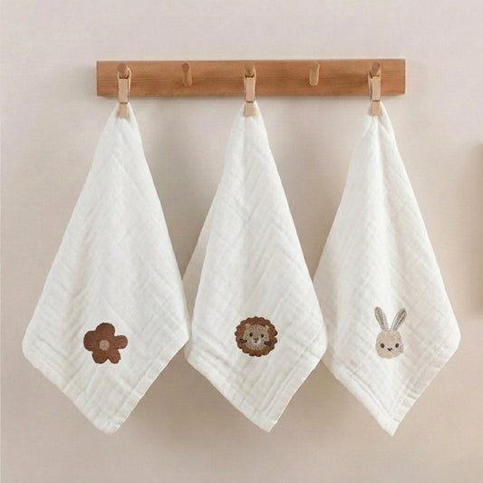 Embroidered 6-Ply Cotton Baby Towels: Versatile Washcloth for Face & Hands, Soft Burp Cloth, and Toddler Feeding Bib