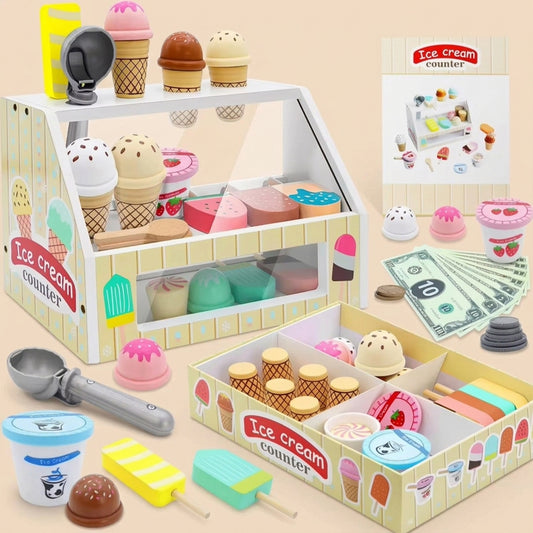 Interactive Ice Cream Counter Playset - Pretend Play Food & Kitchen Accessories with Coins - Educational Role Play Toy for Boys & Girls