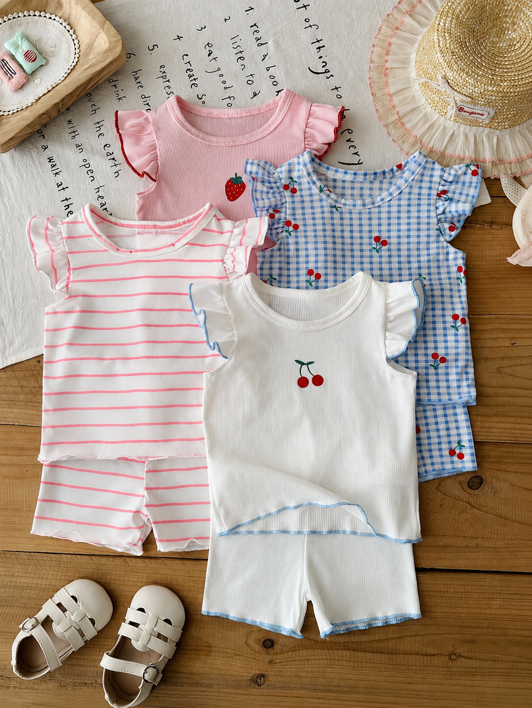 8-Piece Multi-Color Ribbed Short Sleeve Top and Shorts Set for Baby Girls