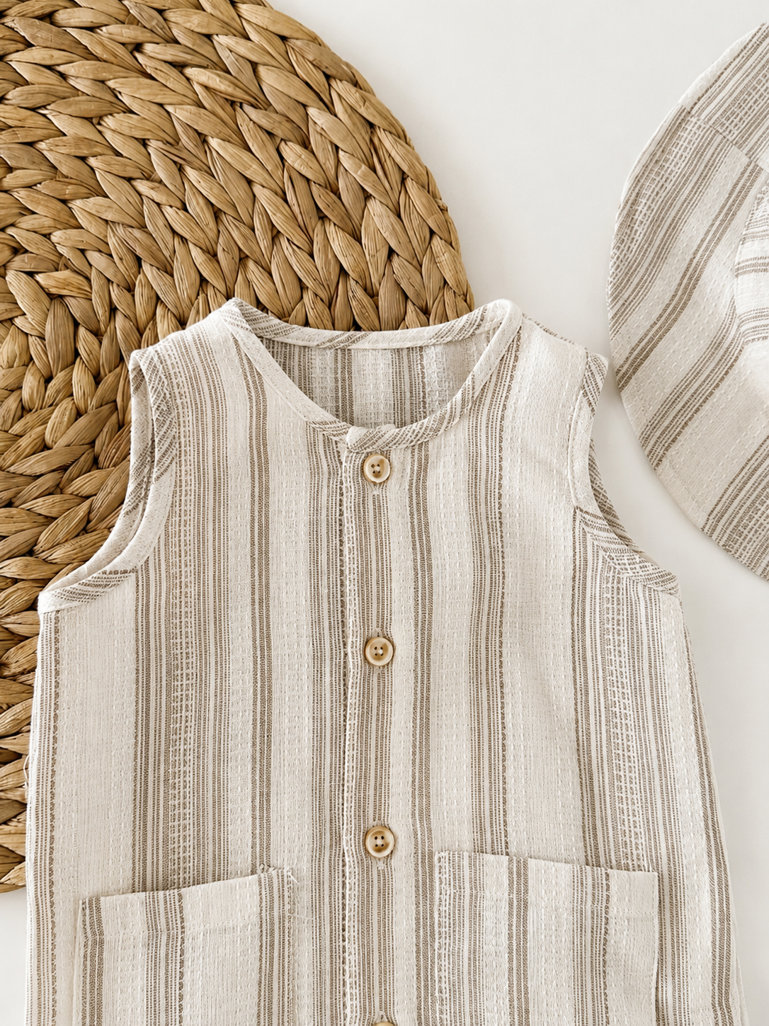 2 Piece Set with Bucket Hat - Apricot Striped Sleeveless Crew Neck Newborn Summer Jumpsuit
