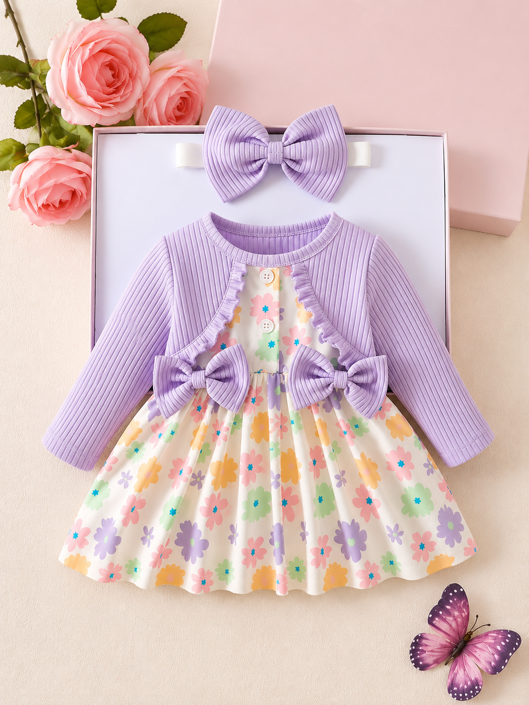 Baby Girl Floral Patchwork Dress & Headband Set - Sweet Pink Autumn Outfit