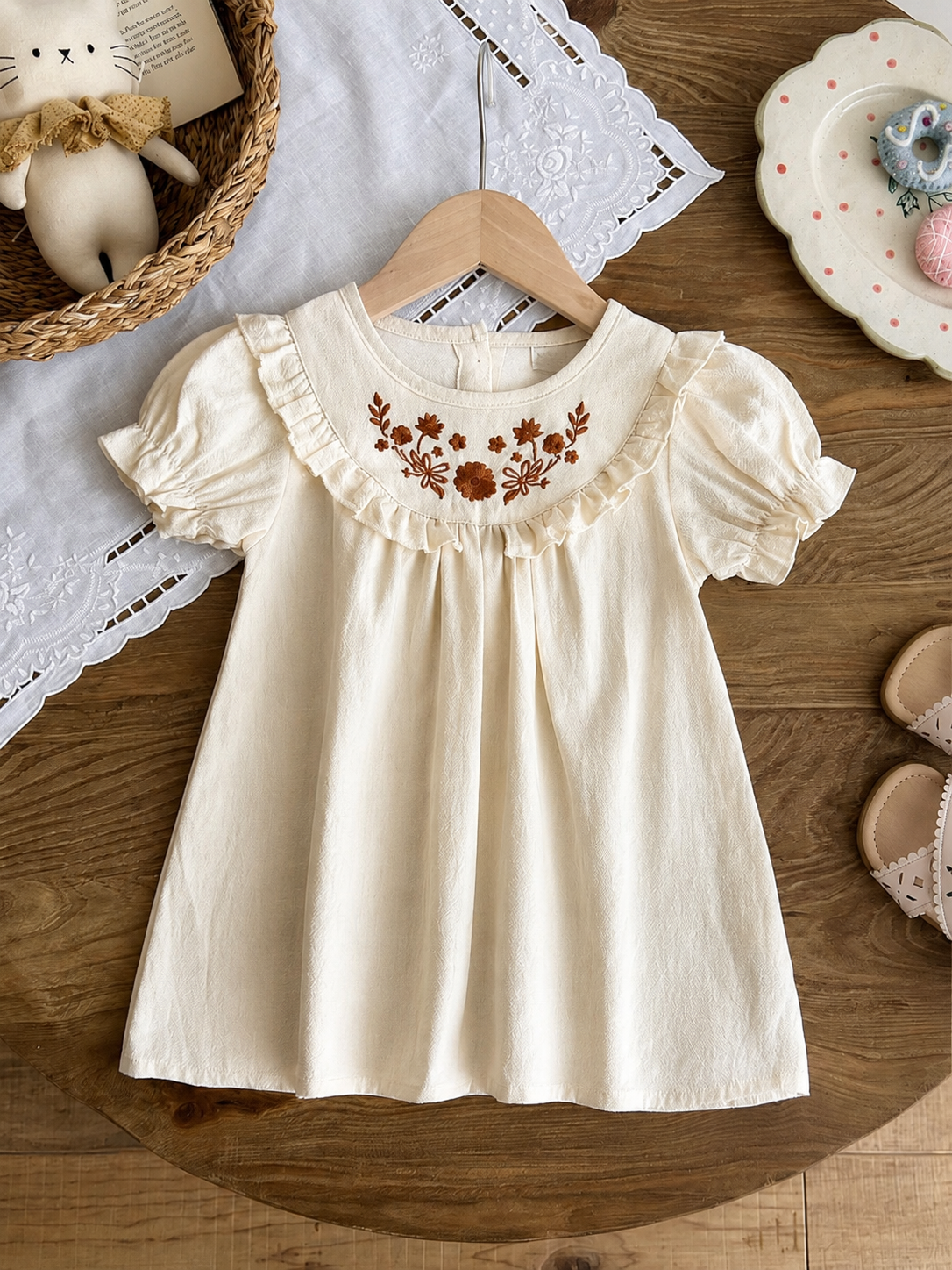 Infant Girl Peter Pan Collar Floral Embroidered Summer Dress for Casual Wear