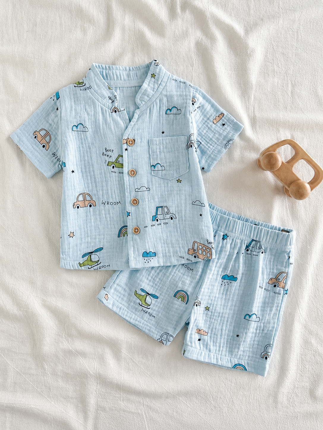 Toddler Boy Summer Vacation Outfit: Plant Print Shirt and Elastic Waist Shorts