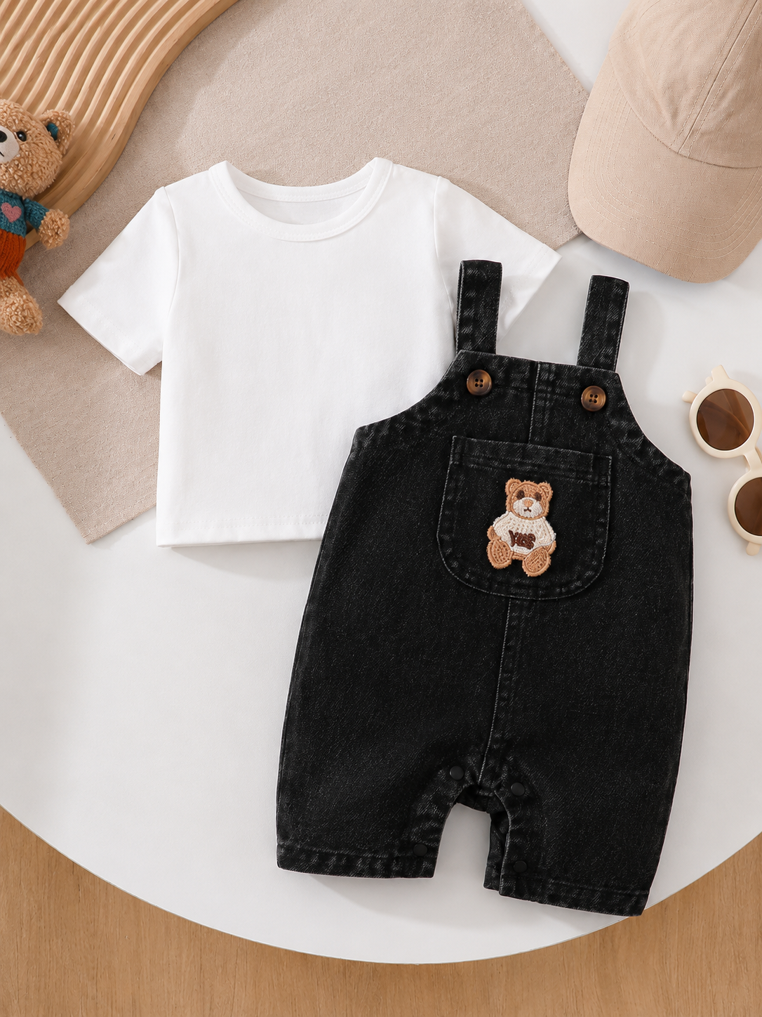 Playful Pals Baby Boy Bear Embroidery Romper - Summer Casual Pocket Jumpsuit