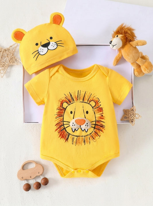 Lion Print Romper and 3D Ear Hat Outfit Set for Cute Summer Daily Wear