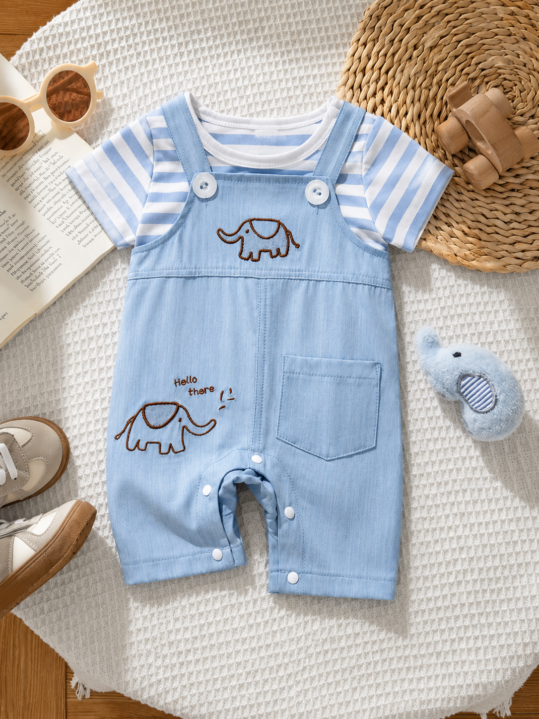 Playful Pals Baby Boy Bear Embroidery Romper - Summer Casual Pocket Jumpsuit