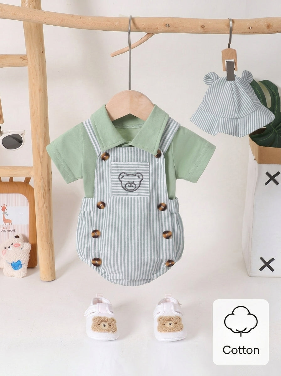 3PCS Baby Boy Bear Embroidered Overall Outfit Set for Cute Summer Daily Wear