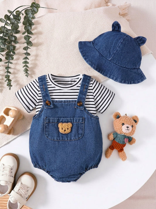 2PCS Baby Boy Striped T Shirt and Bear Suspender Shorts Set for Cute Summer Daily Wear