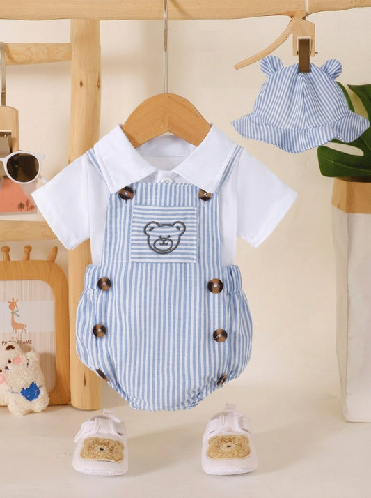 3PCS Baby Boy Bear Embroidered Overall Outfit Set for Cute Summer Daily Wear