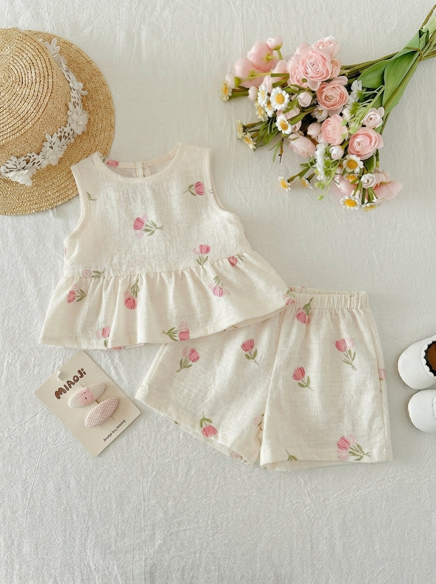 Plaid Bow Decor Outfit Set For Baby Girls Cute Ruffle Hem Summer Wear