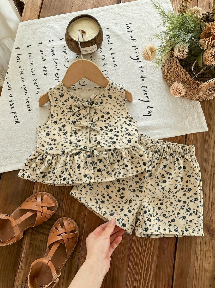 Plaid Bow Decor Outfit Set For Baby Girls Cute Ruffle Hem Summer Wear