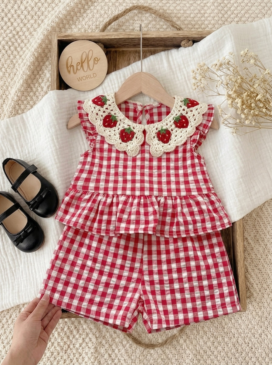 Plaid Bow Decor Outfit Set For Baby Girls Cute Ruffle Hem Summer Wear