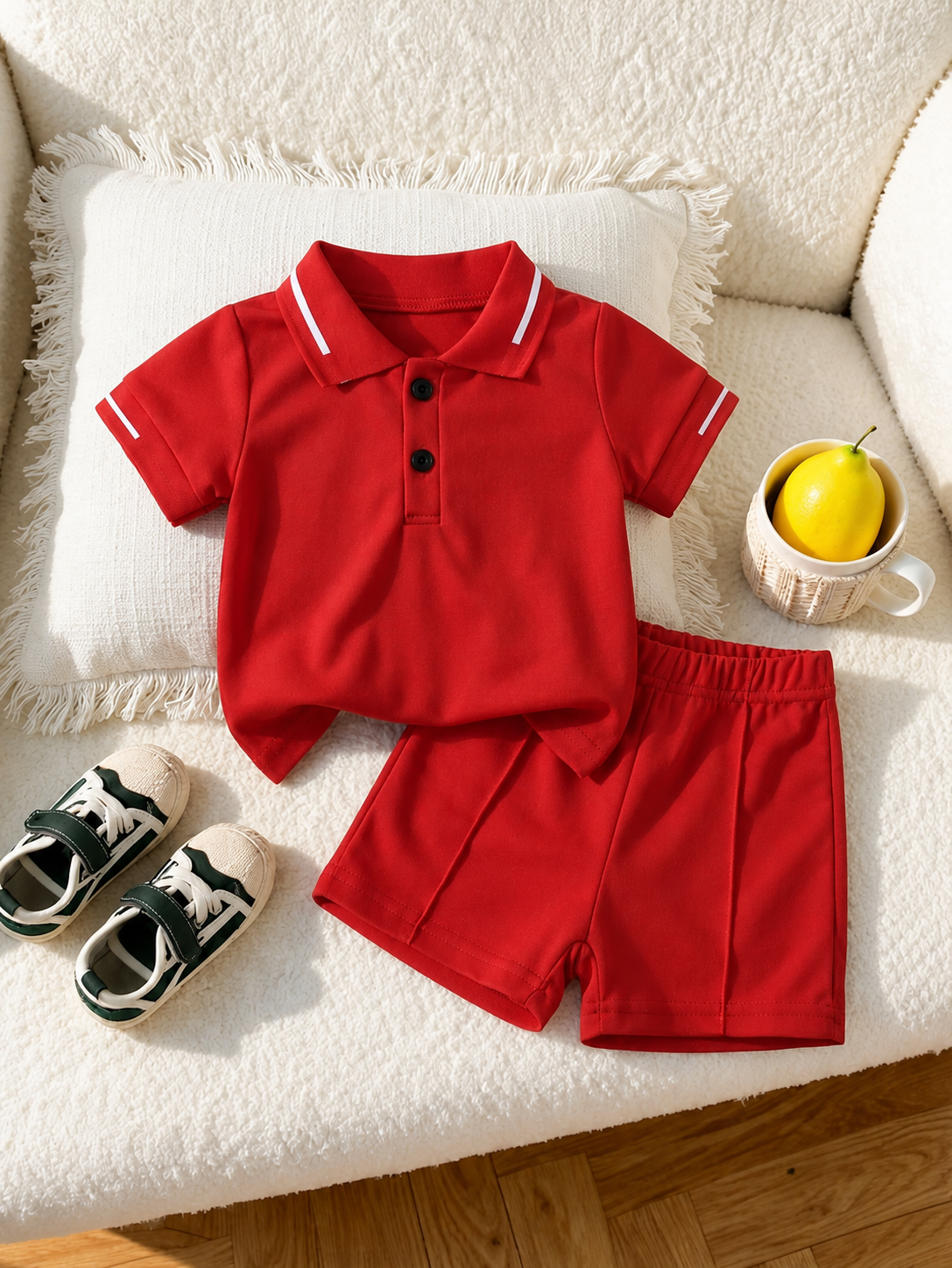 Playful Pals Baby Boy Khaki OOTD: Textured V-Neck and Striped Outfit