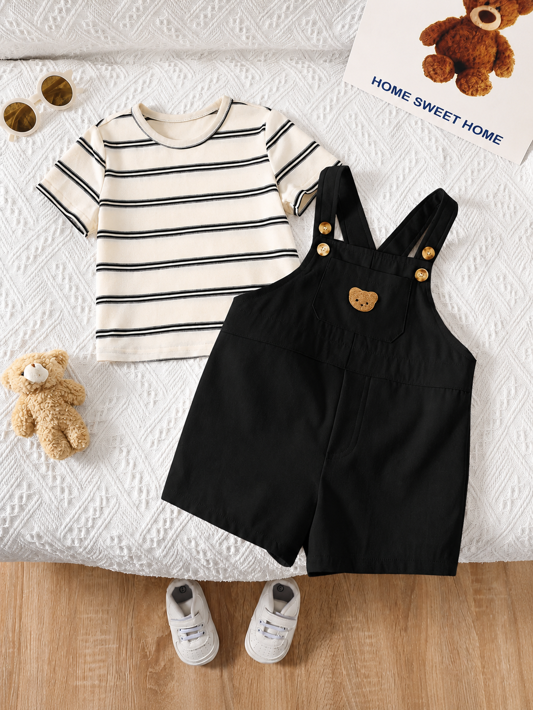 2-Piece Toddler Boy Outfit: Black Graphic T-Shirt and Camo Bib Shorts