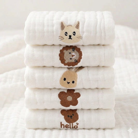 Embroidered 6-Ply Cotton Baby Towels: Versatile Washcloth for Face & Hands, Soft Burp Cloth, and Toddler Feeding Bib