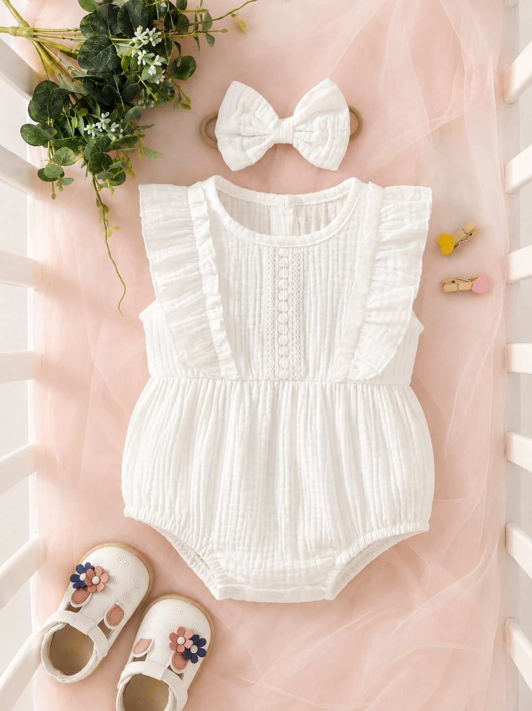 Baby Girl 2-Piece Ruffle Bodysuit Set - Adorable Sleeveless Design with Headband