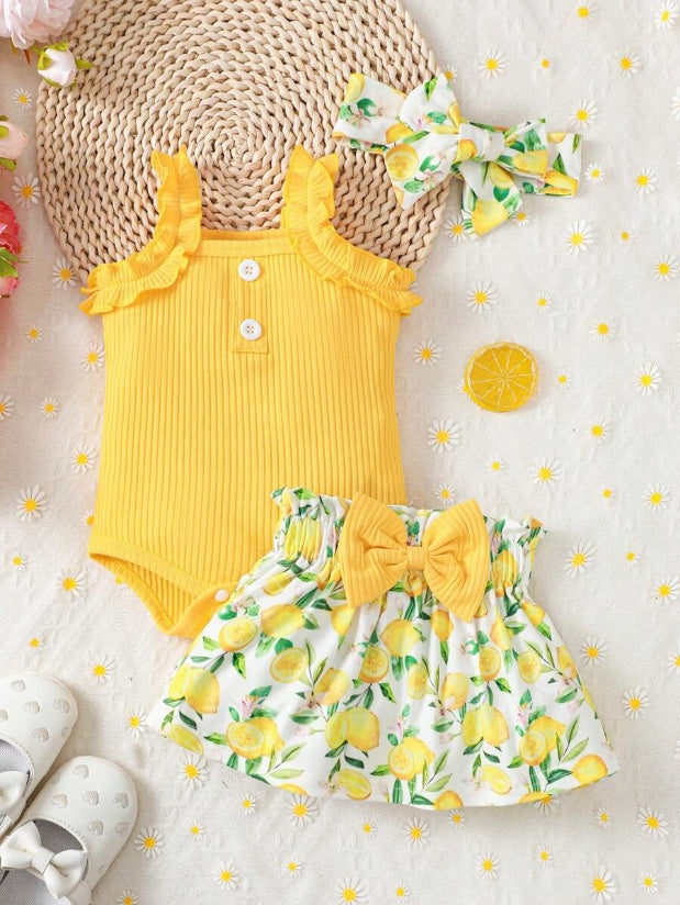 Baby Girl 2026 Summer 3pcs Buttoned Bodysuit and Lemon Skirt Set with Headband