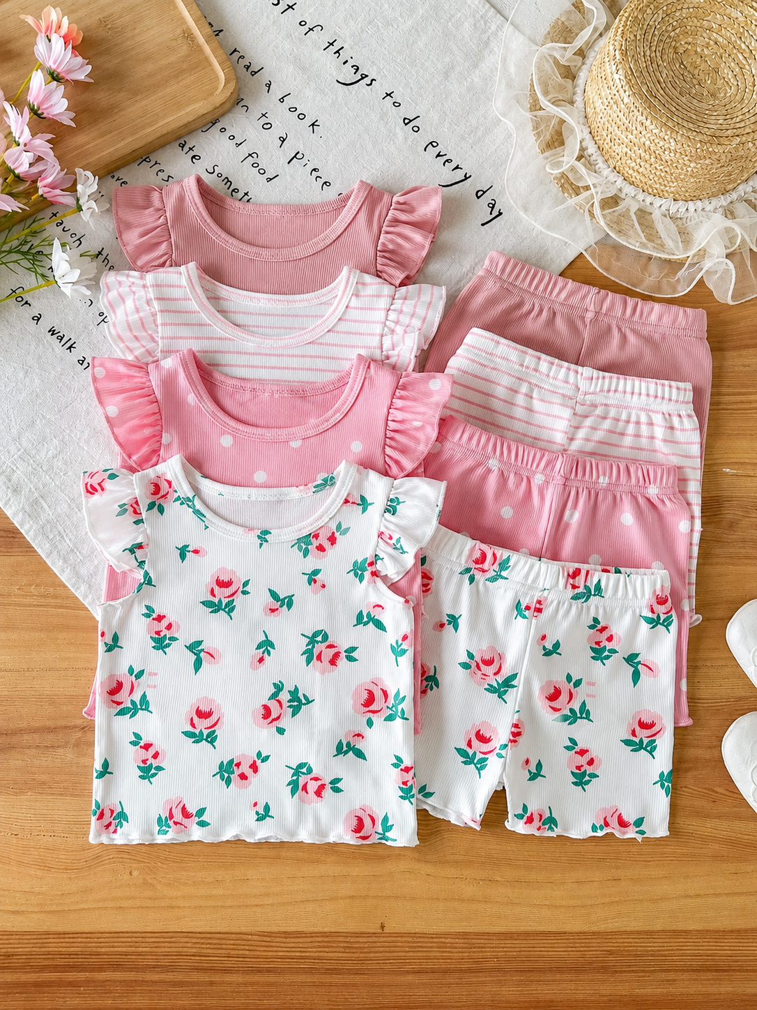 8-Piece Multi-Color Ribbed Short Sleeve Top and Shorts Set for Baby Girls