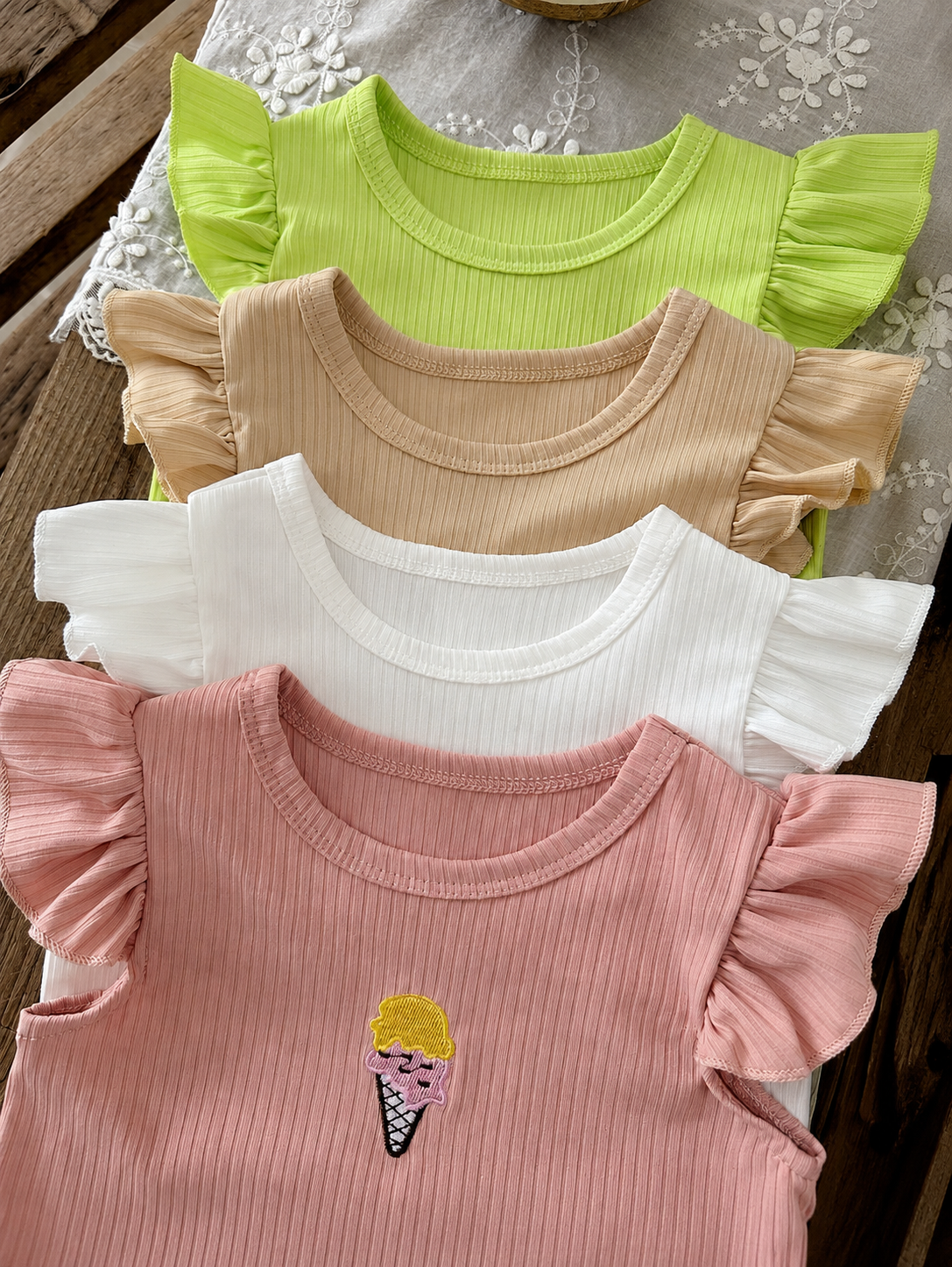 8-Piece Multi-Color Ribbed Short Sleeve Top and Shorts Set for Baby Girls