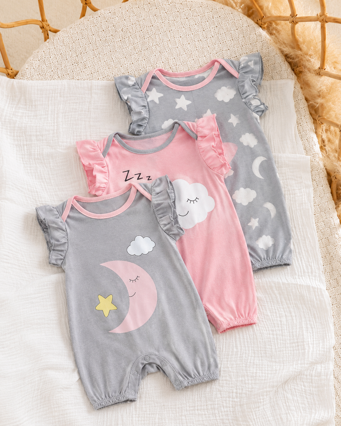 Newborn Soft Knit Summer Romper Set - 3pcs Cute Cartoon Graphic Outfits