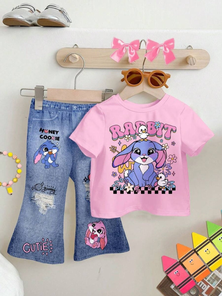 Soft Round Neck Short Sleeve Top and Flexible Flare Leg Trousers Casual Spring Summer Clothes Set for Girls