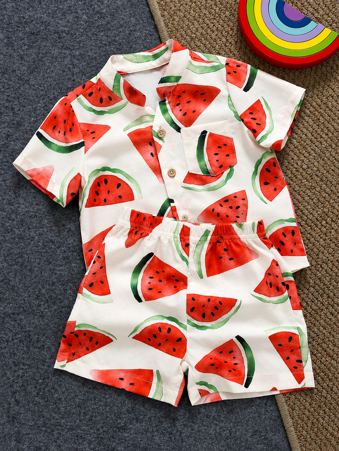 Toddler Boy Summer Vacation Outfit: Plant Print Shirt and Elastic Waist Shorts