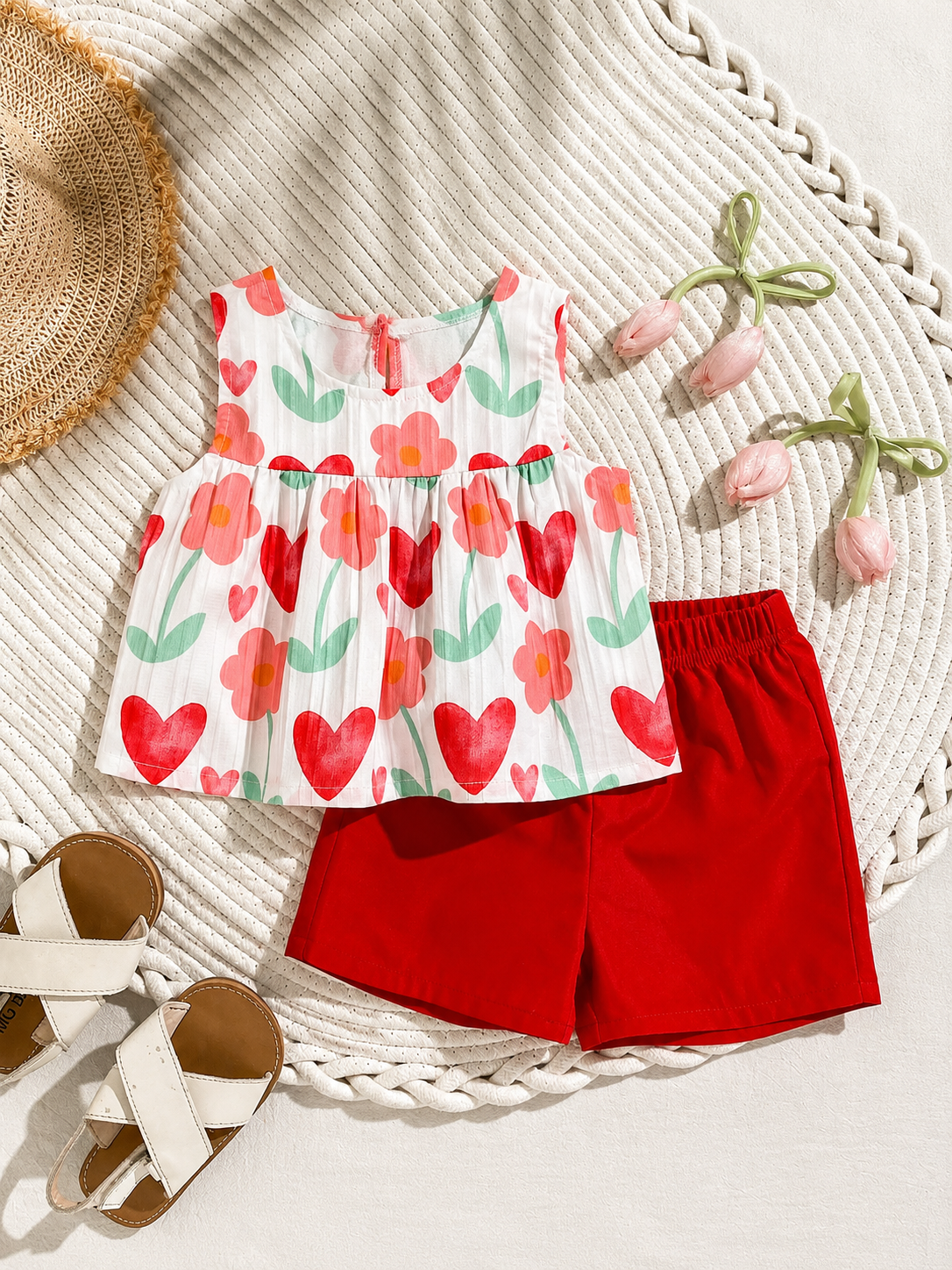Cherry Print Sleeveless Top and Red Shorts Set for Baby Girls