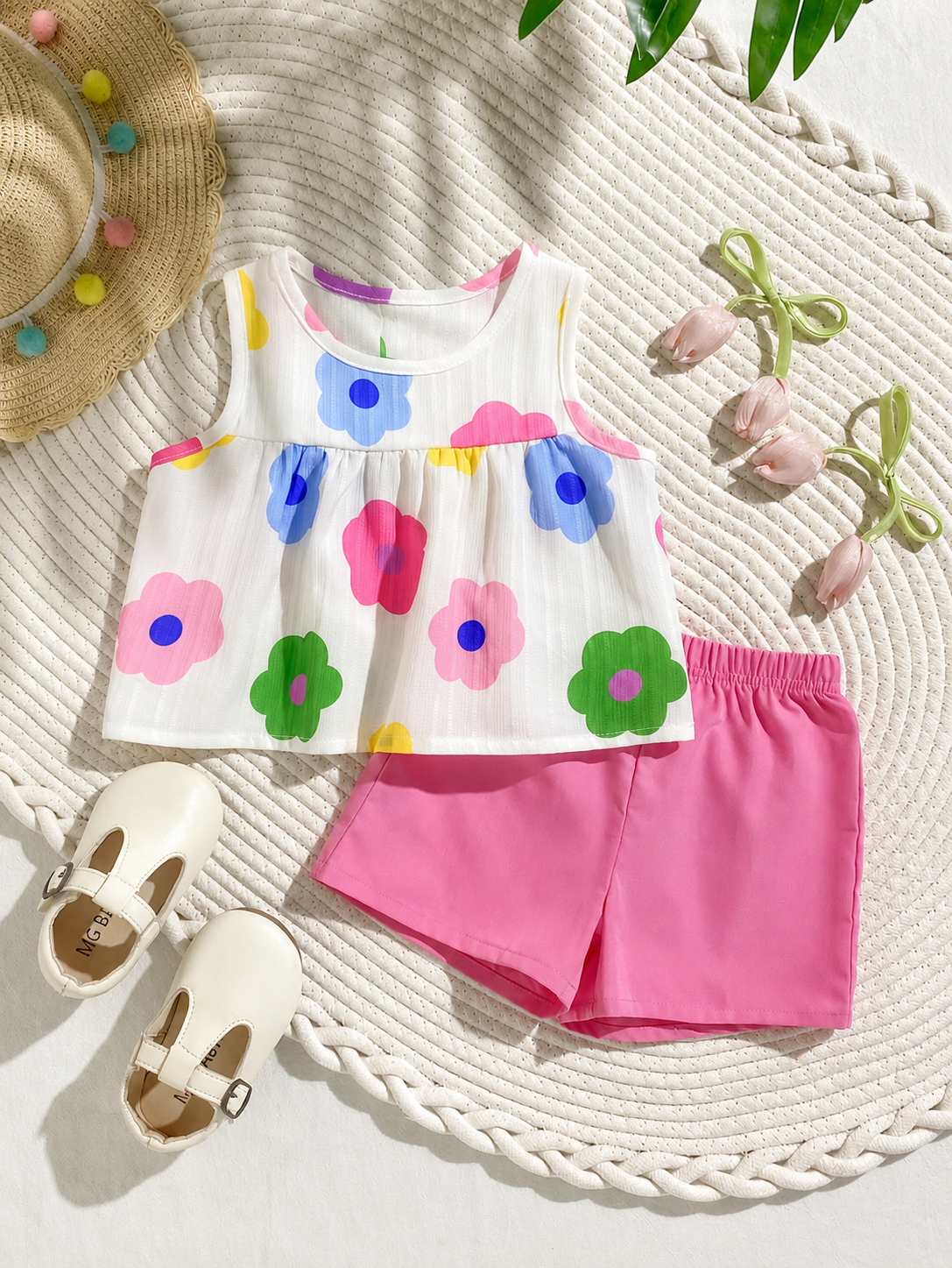 Cherry Print Sleeveless Top and Red Shorts Set for Baby Girls