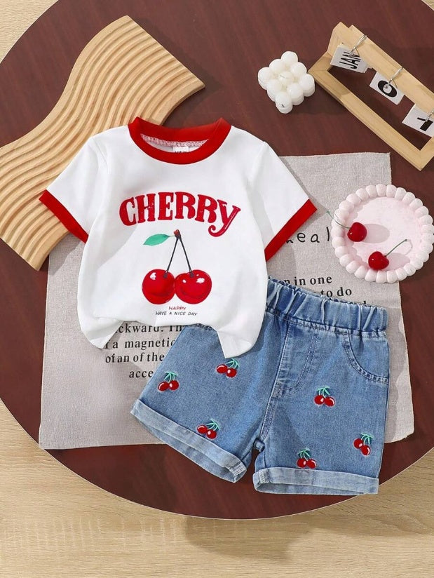 Cherry Print T-Shirt and Embroidery Pattern Contrast Shorts Set for Baby Girls