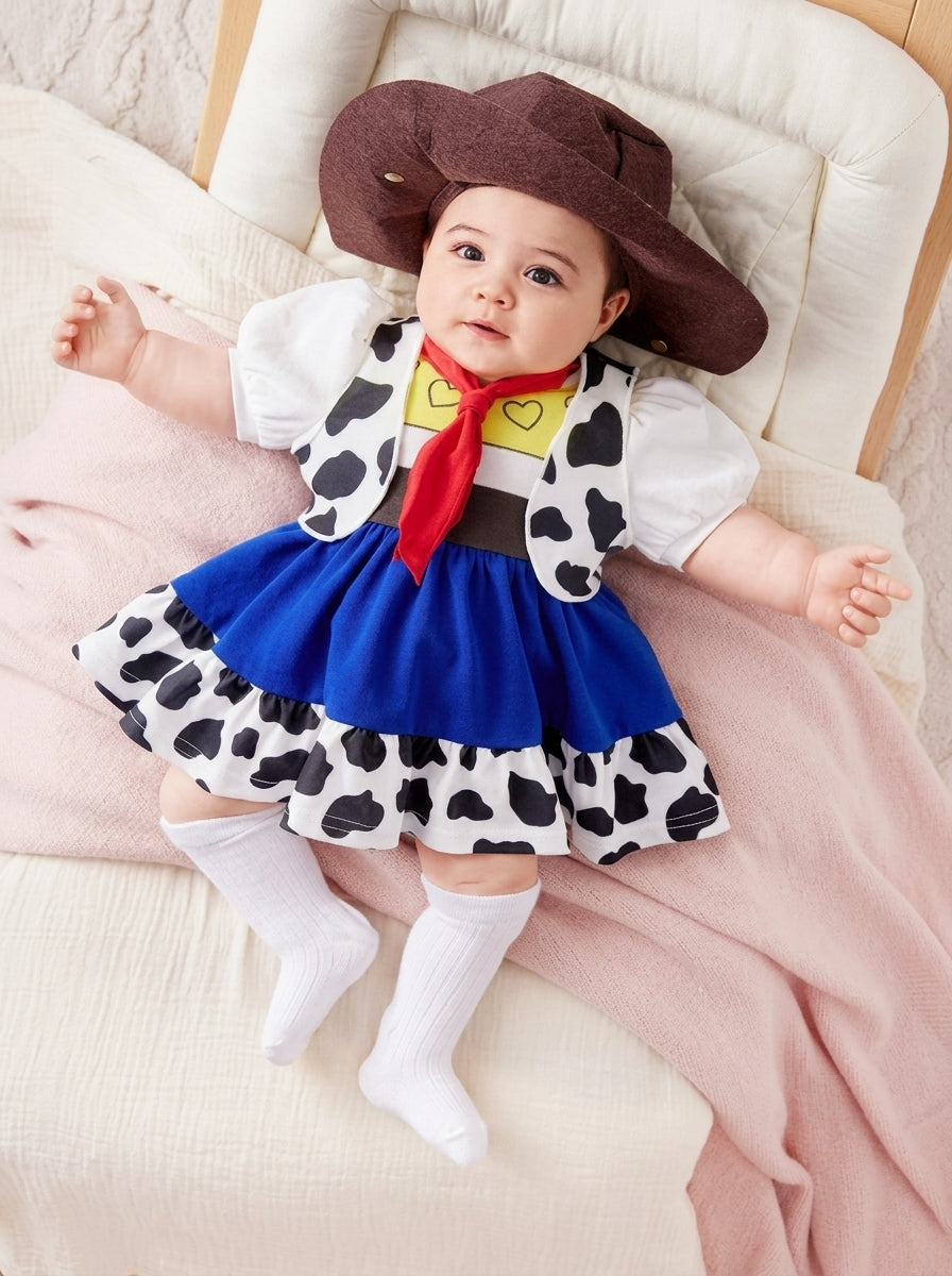 Cow Print Vest Coat and Bubble Sleeve Dress Outfit for Cute Daily Wear