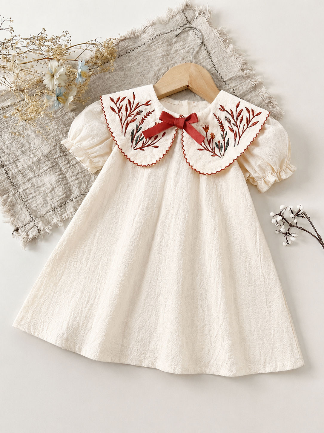 Infant Girl Peter Pan Collar Floral Embroidered Summer Dress for Casual Wear