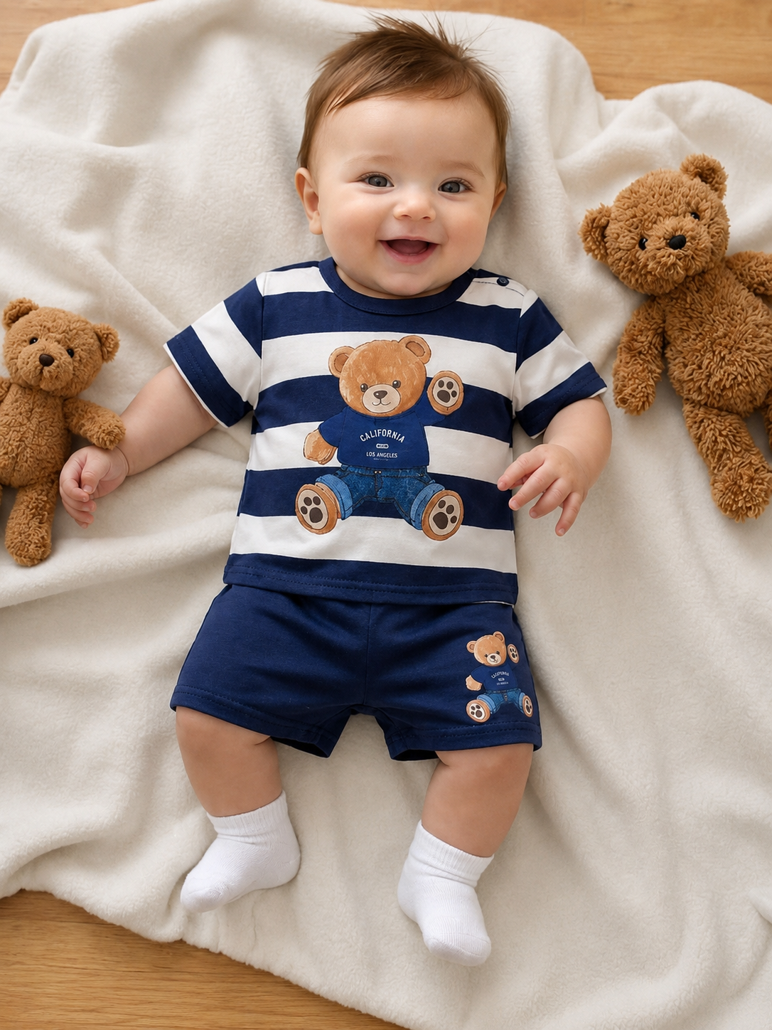 Newborn Boy & Girl Summer Knit Outfit -Cute Cartoon Bear Striped Shirt & Shorts Set