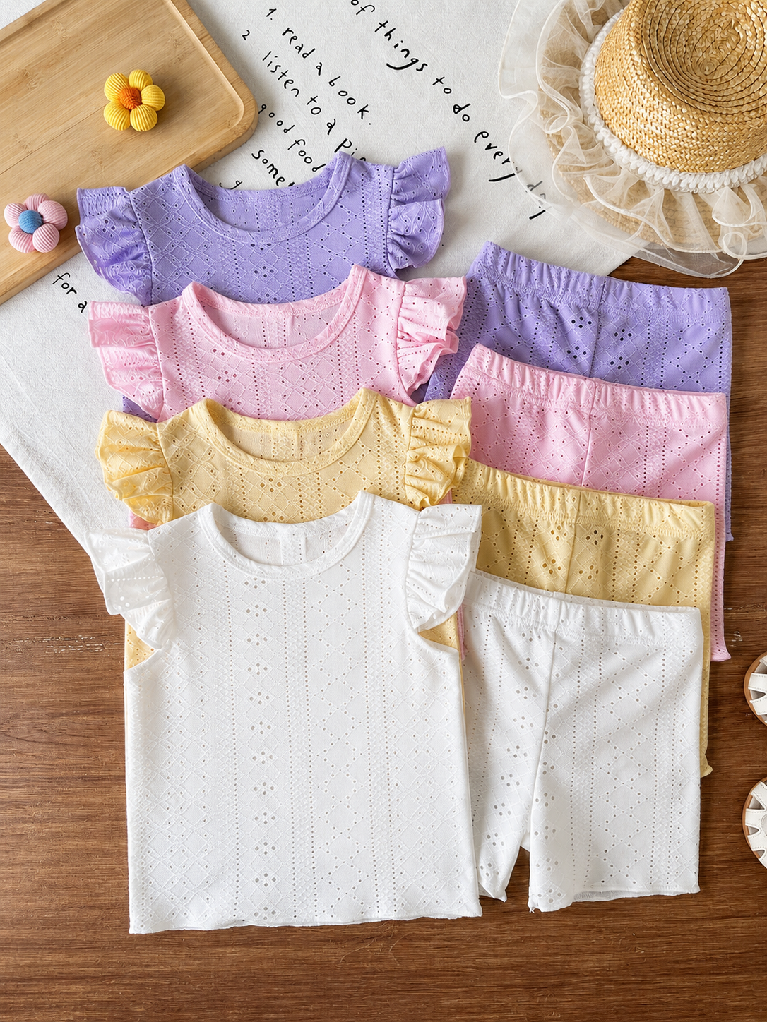 8-Piece Multi-Color Ribbed Short Sleeve Top and Shorts Set for Baby Girls