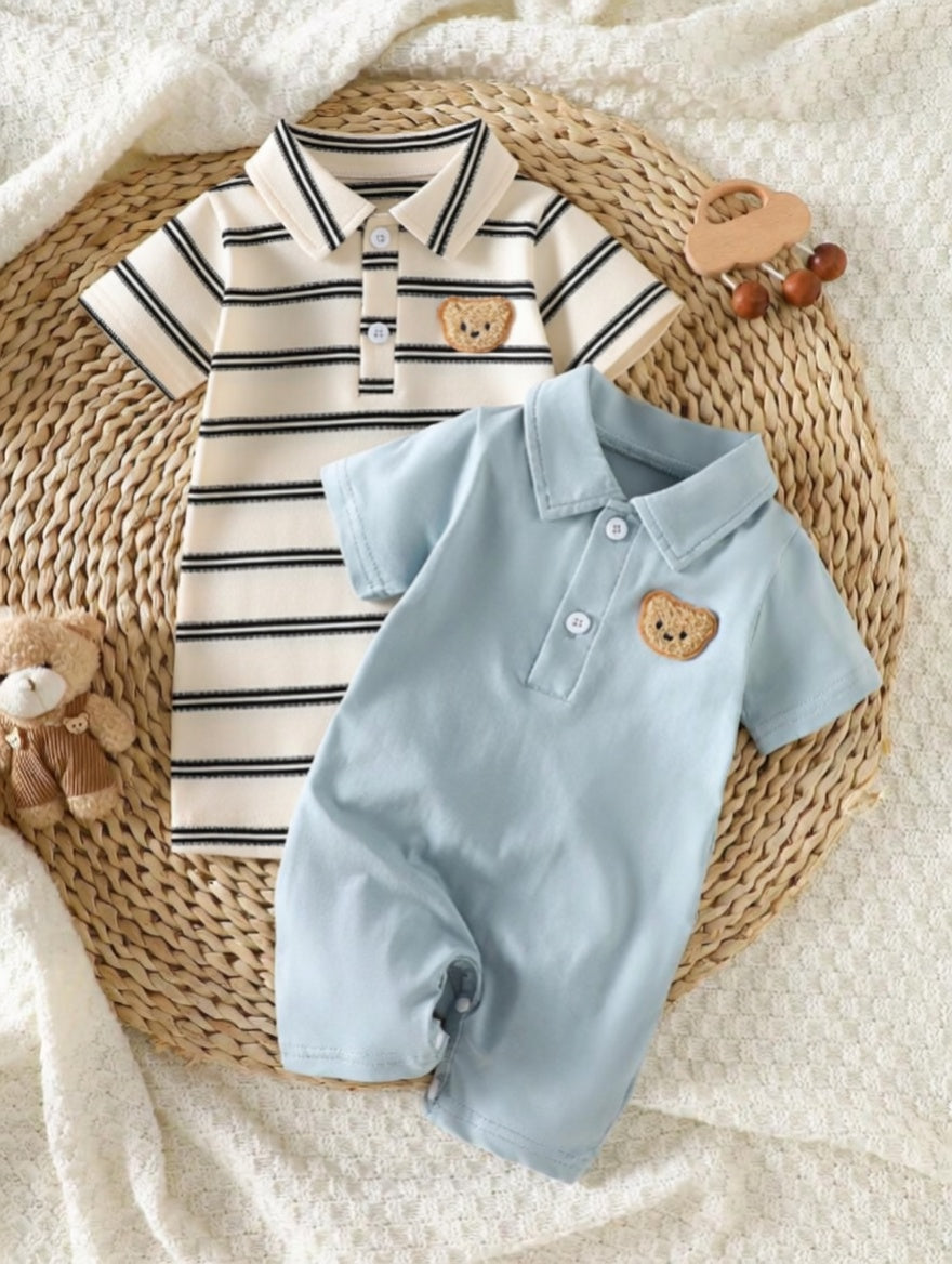 2PCS Baby Color Block Stripe Collared Romper and Shorts Set for Casual Daily Wear