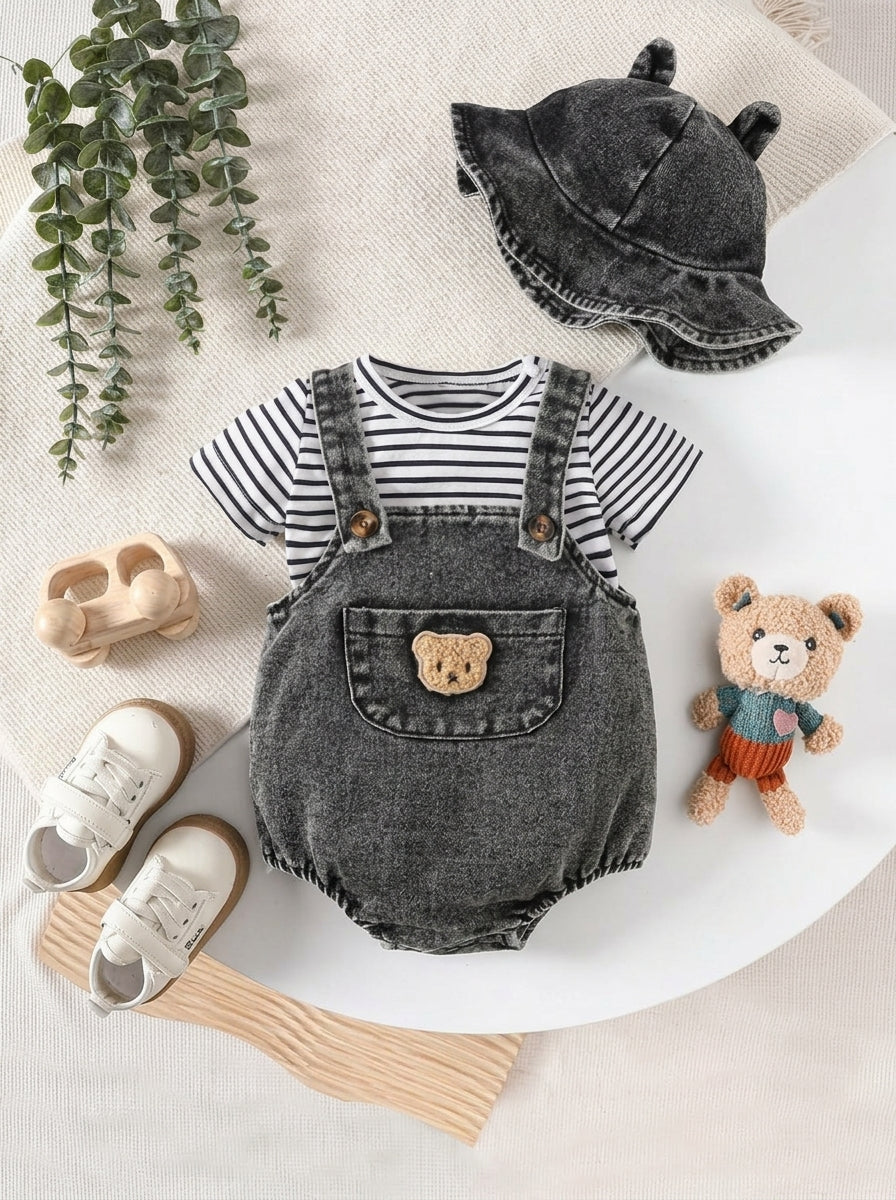 2PCS Baby Boy Striped T Shirt and Bear Suspender Shorts Set for Cute Summer Daily Wear