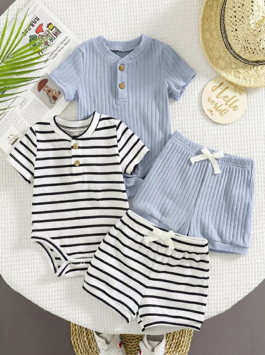 Striped Bodysuit and Shorts 4 Piece Outfit Set for Cute Summer Daily Wear
