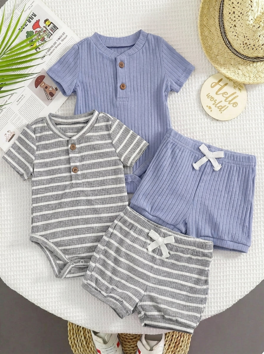 Striped Bodysuit and Shorts 4 Piece Outfit Set for Cute Summer Daily Wear