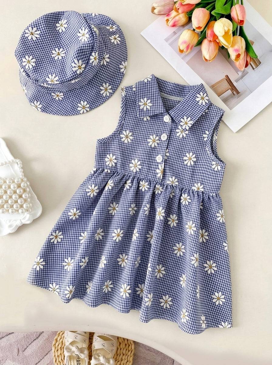 Kids Floral Print A-Line Dress With Bucket Hat Cute Summer Outing Clothing Set