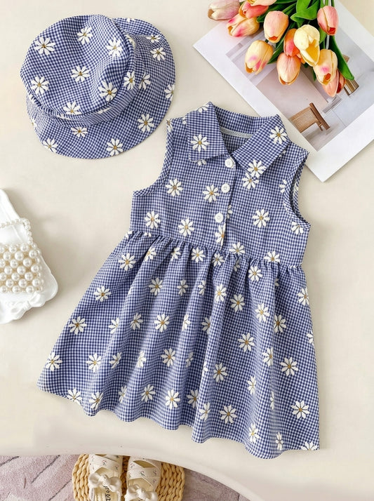 Kids Floral Print A-Line Dress With Bucket Hat Cute Summer Outing Clothing Set