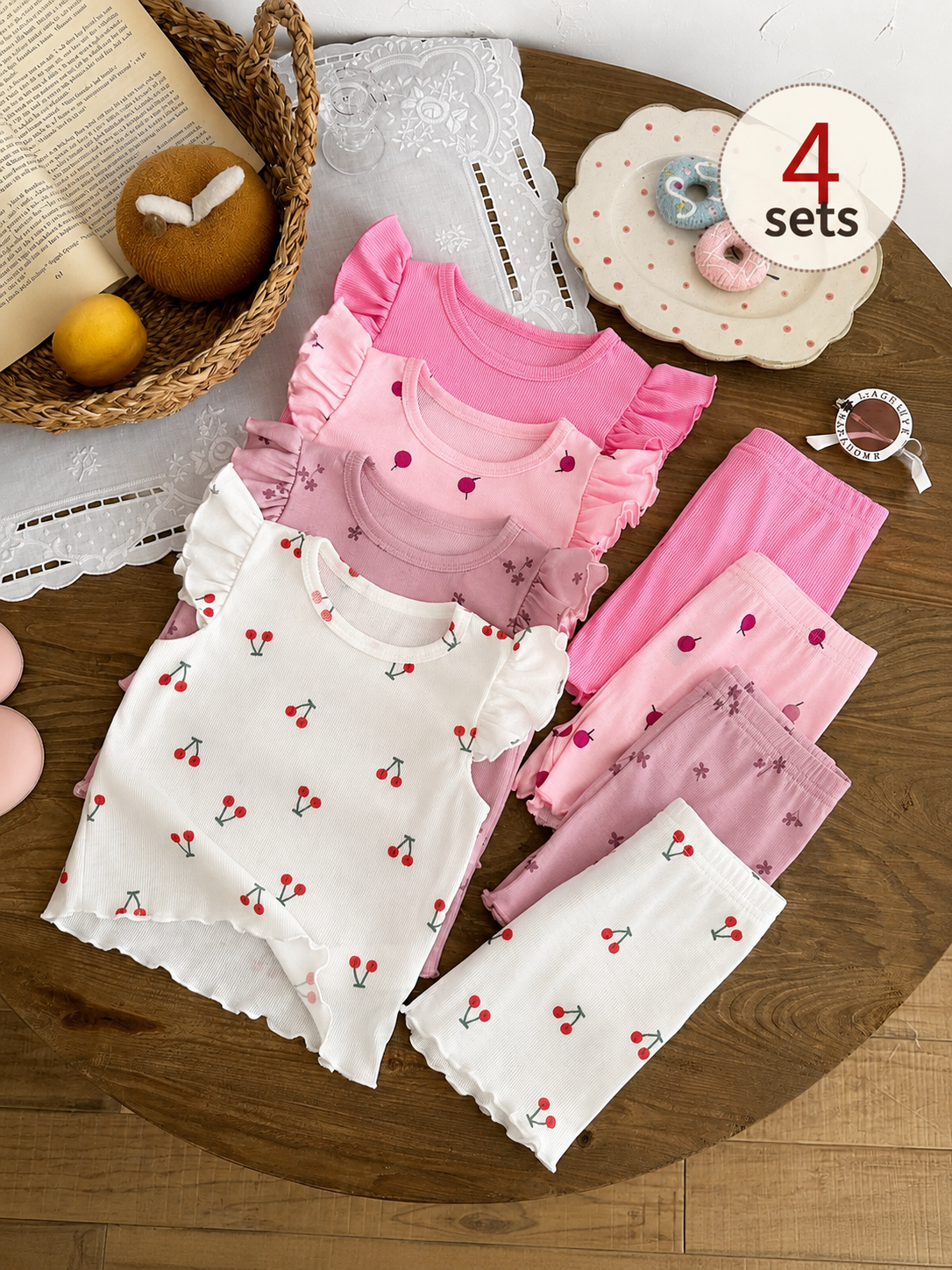 8-Piece Multi-Color Ribbed Short Sleeve Top and Shorts Set for Baby Girls