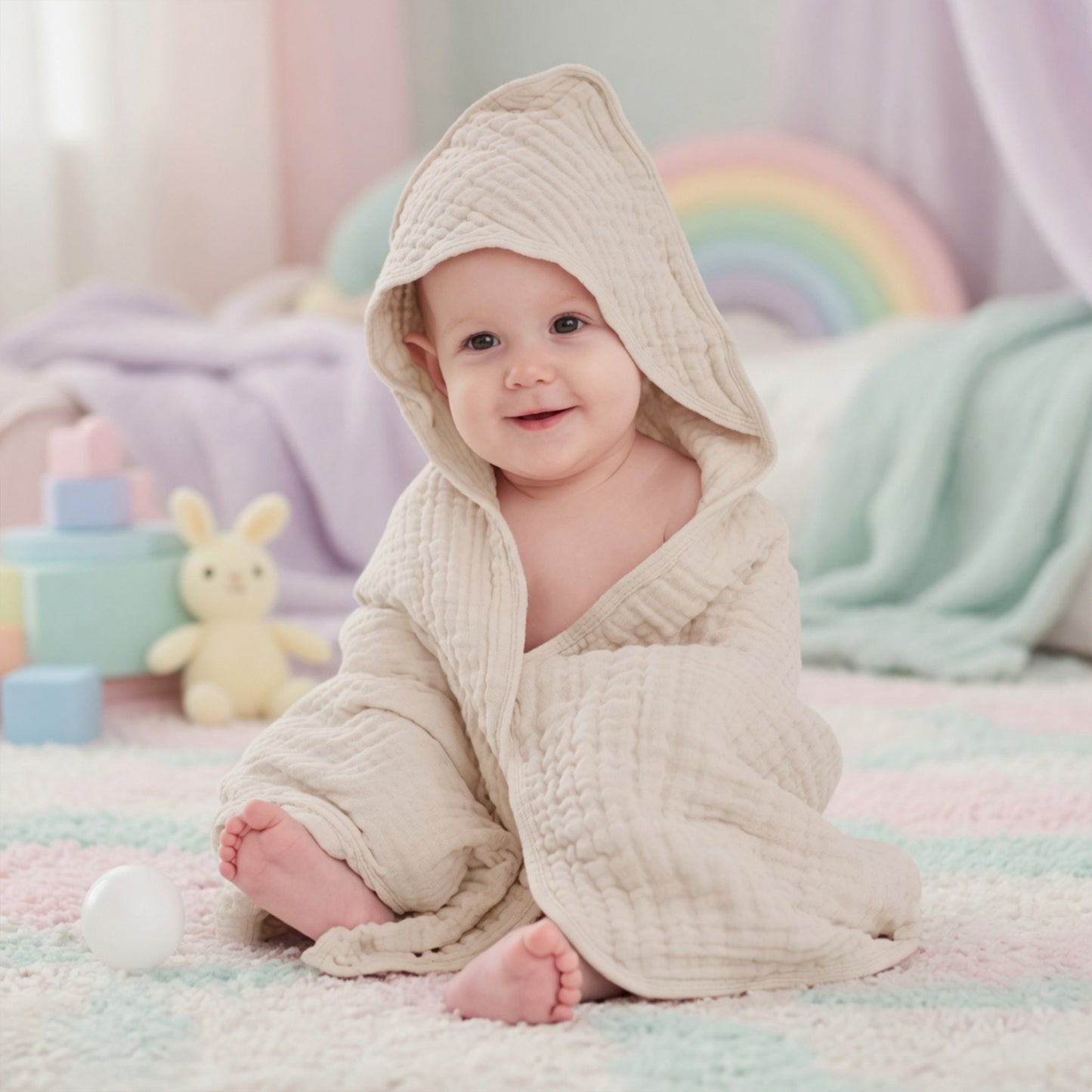 Soft Muslin Hooded Towel - 100% Pure Cotton Breathable Bathrobe - Absorbent Towel for Babies