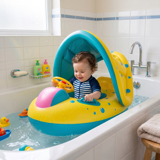 Baby Swimming Float with Canopy & Steering Wheel - Yellow Inflatable Safety Seat Ring - Portable Pool Toy for Infants