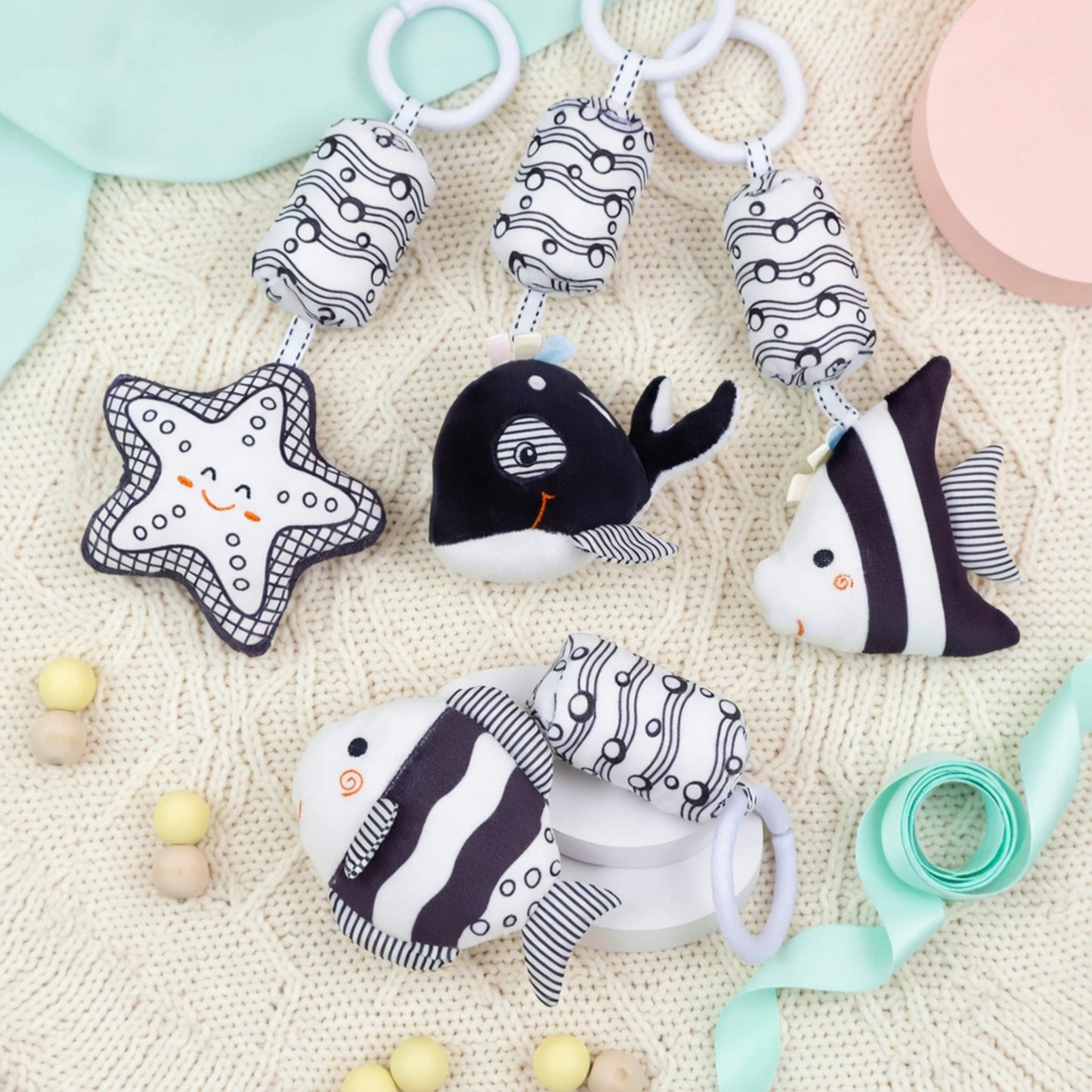 Black & White Baby Stroller Hanging Bell - Plush Visual Training Toy - Newborn Sensory Rattle for Brain Development