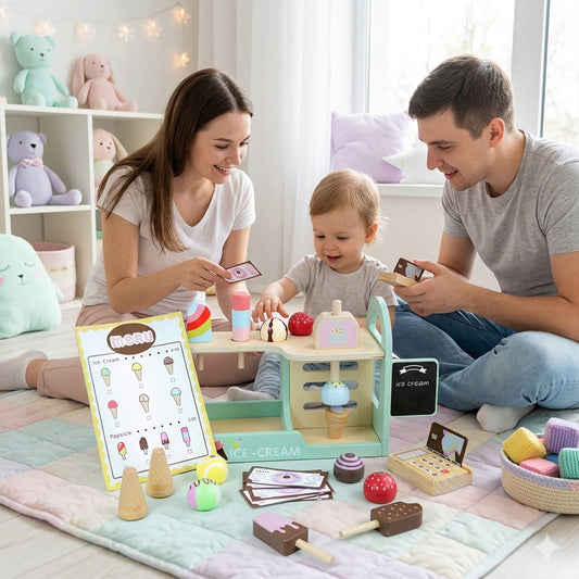 Interactive Ice Cream Counter Playset - Pretend Play Food & Kitchen Accessories with Coins - Educational Role Play Toy for Boys & Girls